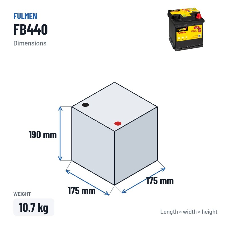 Batterie voiture Fulmen FB440 12V 44Ah 400A – dimensions 175 × 175 × 190 mm