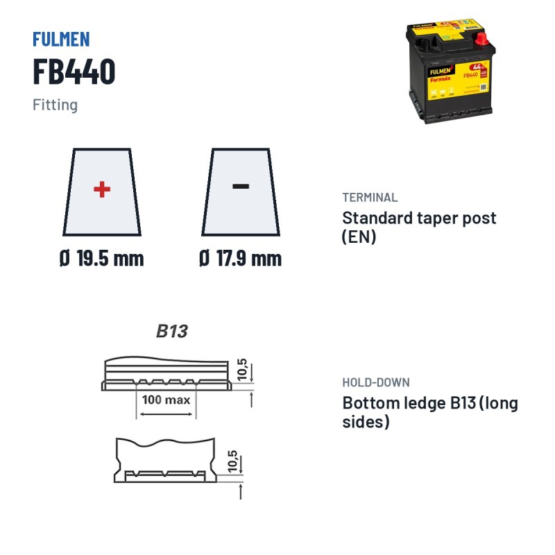 Car battery Fulmen FB440 12V 44Ah 400A – terminal and hold-down