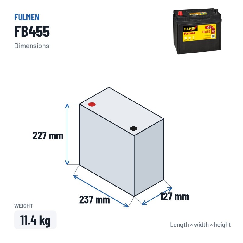 Batterie voiture Fulmen FB455 12V 45Ah 330A – dimensions 237 × 127 × 227 mm