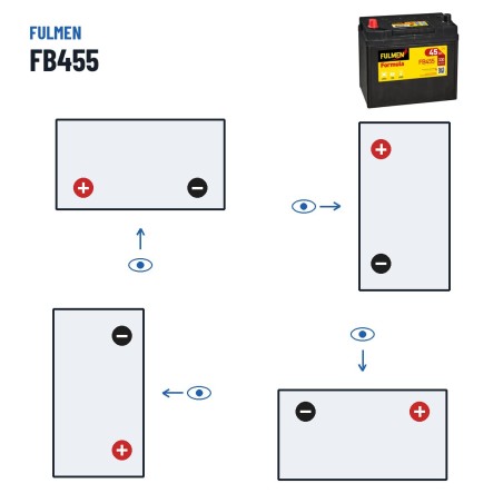 Batterie voiture Fulmen FB455 12V 45Ah 330A – polarité (schéma 1, + à gauche)