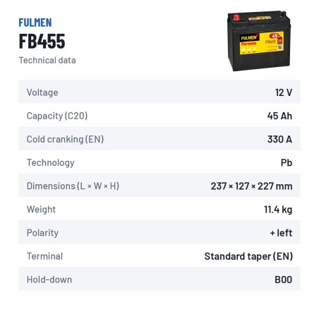 Batterie voiture Fulmen FB455 12V 45Ah 330A – fiche technique