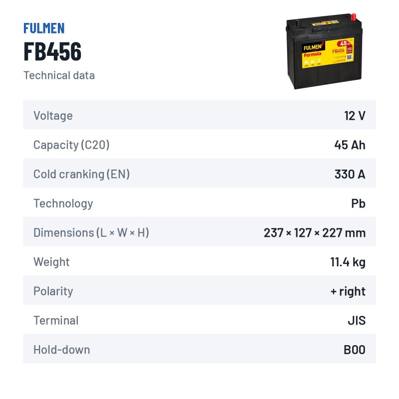 Car battery Fulmen FB456 12V 45Ah 330A | baterias.com