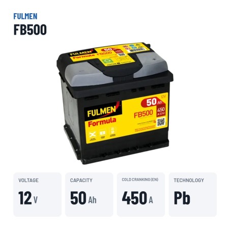 Batterie voiture Fulmen FB500 12V 50Ah 450A – caractéristiques clés