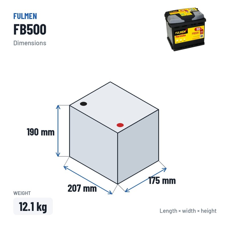 Batterie voiture Fulmen FB500 12V 50Ah 450A – dimensions 207 × 175 × 190 mm