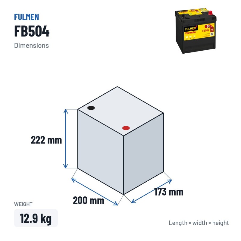 Batería de coche Fulmen FB504 12V 50Ah 360A – medidas 200 × 173 × 222 mm