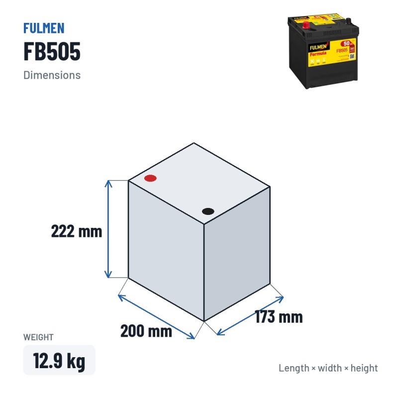 Batteria auto Fulmen FB505 12V 50Ah 360A – dimensioni 200 × 173 × 222 mm