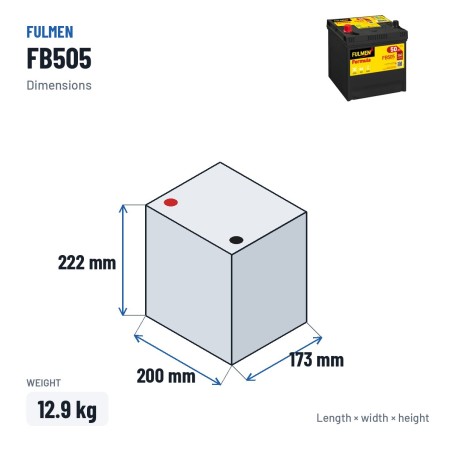 Batteria auto Fulmen FB505 12V 50Ah 360A – dimensioni 200 × 173 × 222 mm