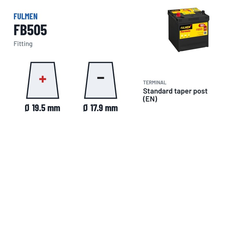 Batteria auto Fulmen FB505 12V 50Ah 360A – terminali e fissaggio