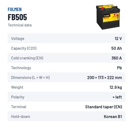 Batteria auto Fulmen FB505 12V 50Ah 360A – scheda tecnica