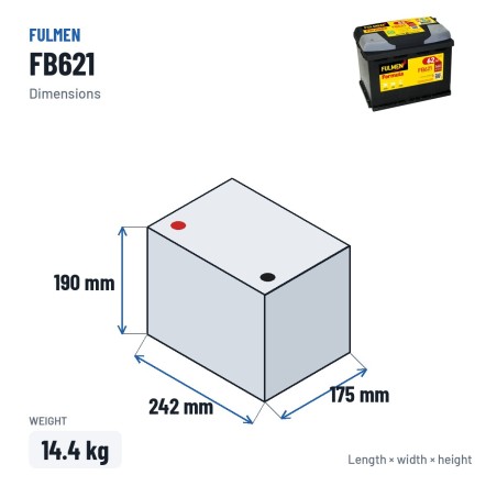 Autobatterie Fulmen FB621 12V 62Ah 540A – Abmessungen 242 × 175 × 190 mm