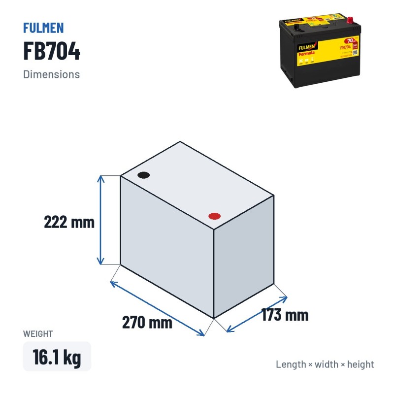 Batterie voiture Fulmen FB704 12V 70Ah 540A – dimensions 270 × 173 × 222 mm