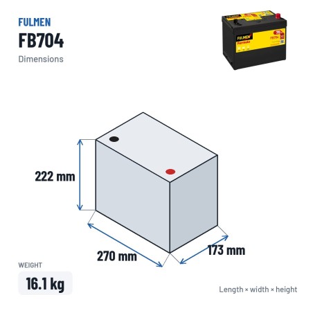 Batterie voiture Fulmen FB704 12V 70Ah 540A – dimensions 270 × 173 × 222 mm