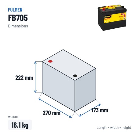 Batteria auto Fulmen FB705 12V 70Ah 540A – dimensioni 270 × 173 × 222 mm