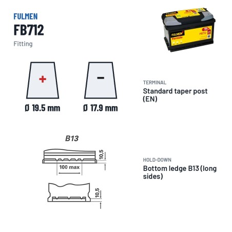 Batería de coche Fulmen FB712 12V 71Ah 670A – borne y sujeción