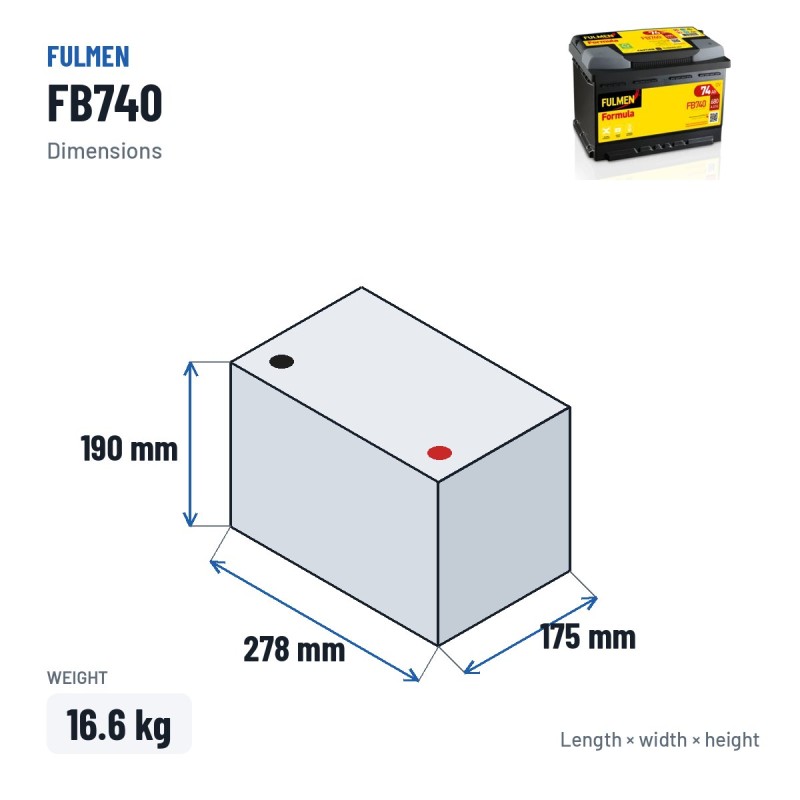 Autobatterie Fulmen FB740 12V 74Ah 680A – Abmessungen 278 × 175 × 190 mm