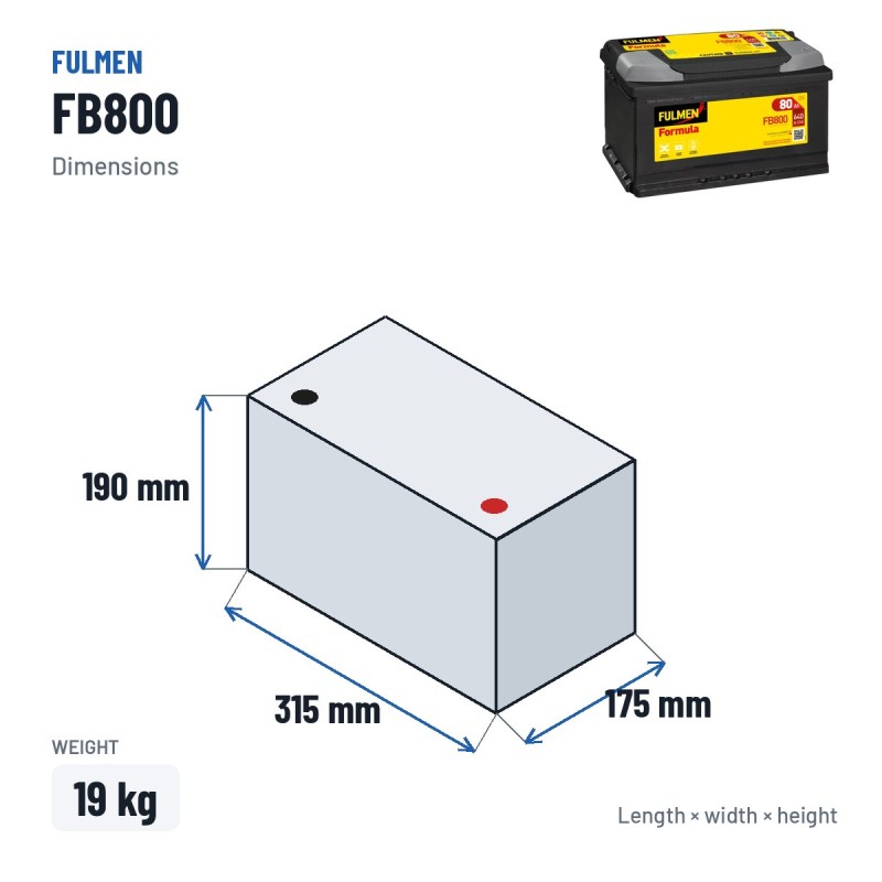 Bateria de carro Fulmen FB800 12V 80Ah 640A – medidas 315 × 175 × 190 mm