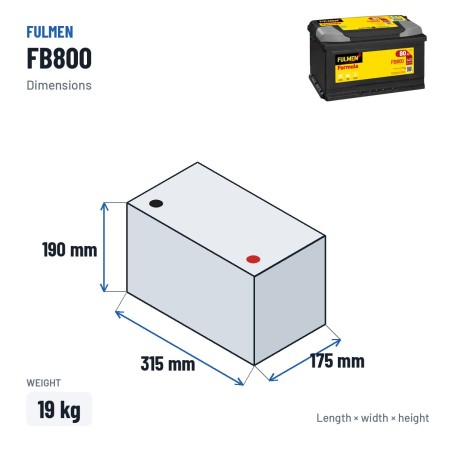 Bateria de carro Fulmen FB800 12V 80Ah 640A – medidas 315 × 175 × 190 mm