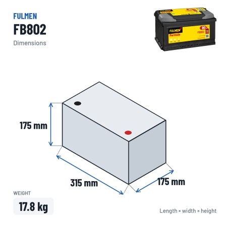 Autobatterie Fulmen FB802 12V 80Ah 700A – Abmessungen 315 × 175 × 175 mm