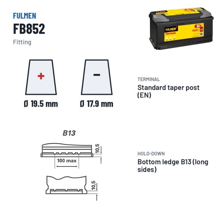 Batteria auto Fulmen FB852 12V 85Ah 760A – terminali e fissaggio