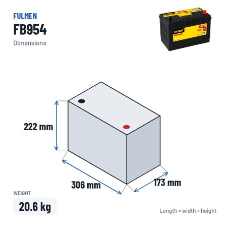 Batería de coche Fulmen FB954 12V 95Ah 760A – medidas 306 × 173 × 222 mm