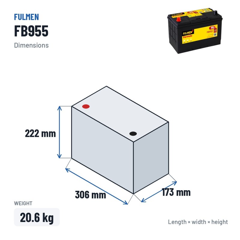 Batterie voiture Fulmen FB955 12V 95Ah 760A – dimensions 306 × 173 × 222 mm