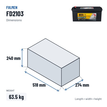 Batterie camion Fulmen FD2103 12V 210Ah 1030A GEL – dimensions 518 × 274 × 240 mm