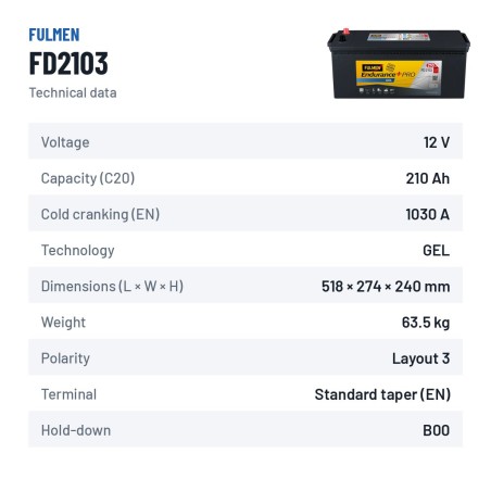 Batteria camion Fulmen FD2103 12V 210Ah 1030A GEL – scheda tecnica