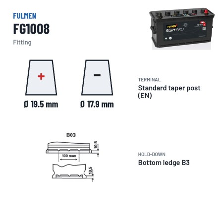 Batteria camion Fulmen FG1008 12V 100Ah 680A – terminali e fissaggio