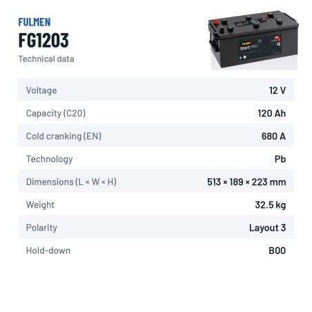 Batteria camion Fulmen FG1203 12V 120Ah 680A – scheda tecnica