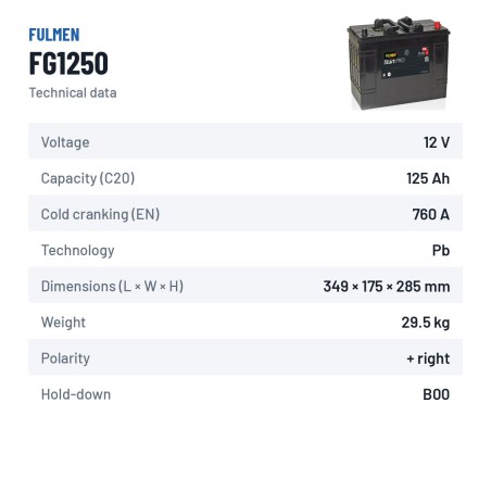 Batteria camion Fulmen FG1250 12V 125Ah 760A – scheda tecnica