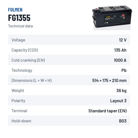 LKW-Batterie Fulmen FG1355 12V 135Ah 1000A – technische Daten