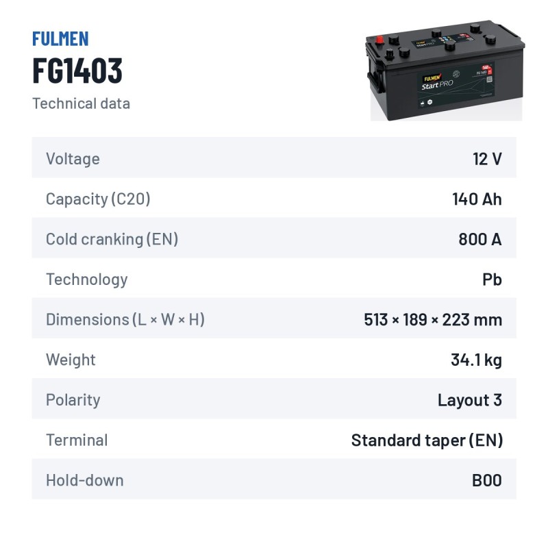 Batteria camion Fulmen FG1403 12V 140Ah 800A – scheda tecnica