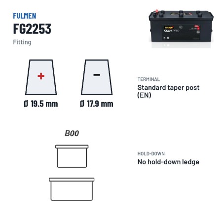 Truck battery Fulmen FG2253 12V 225Ah 1200A – terminal and hold-down