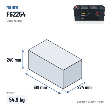 Batterie camion Fulmen FG2254 12V 225Ah 1200A – dimensions 518 × 274 × 240 mm