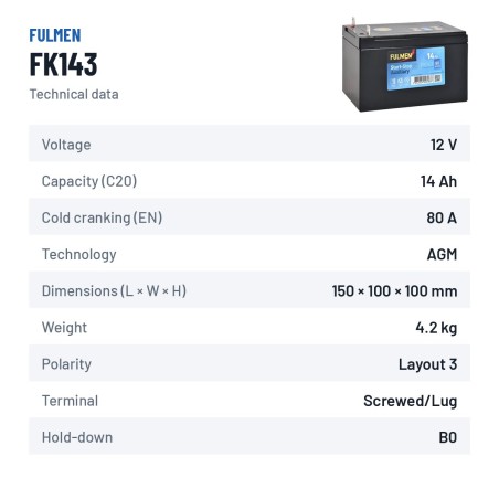 Auxiliary battery Fulmen FK143 12V 14Ah 80A AGM – technical data