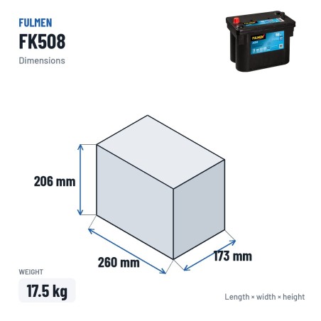Start-Stop battery Fulmen FK508 12V 50Ah 800A AGM – dimensions 260 × 173 × 206 mm