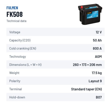 Start-Stop battery Fulmen FK508 12V 50Ah 800A AGM – technical data