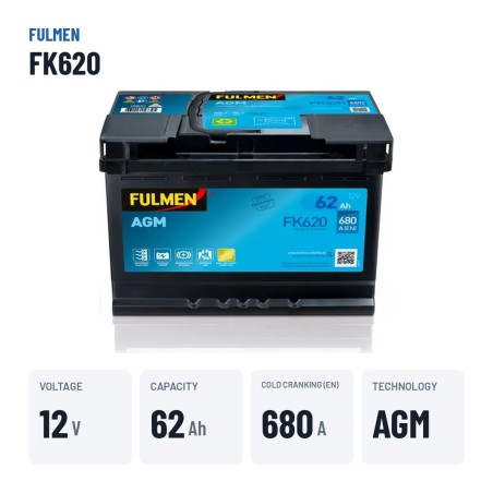 Bateria Start-Stop Fulmen FK620 12V 62Ah 680A AGM – dados principais