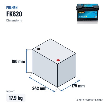 Batteria Start-Stop Fulmen FK620 12V 62Ah 680A AGM – dimensioni 242 × 175 × 190 mm