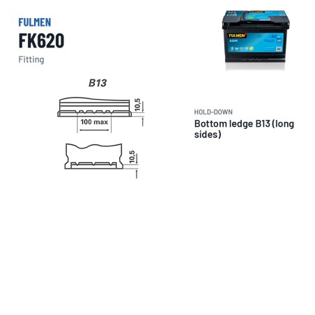 Start-Stop battery Fulmen FK620 12V 62Ah 680A AGM – terminal and hold-down