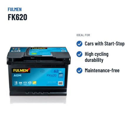 Start-Stop battery Fulmen FK620 12V 62Ah 680A AGM – recommended uses