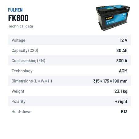 Batterie Start-Stop Fulmen FK800 12V 80Ah 800A AGM – fiche technique