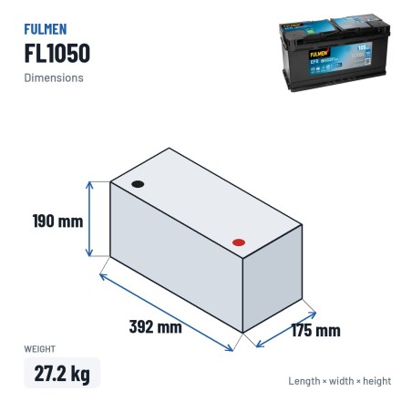 Start-Stop battery Fulmen FL1050 12V 105Ah 950A EFB – dimensions 392 × 175 × 190 mm