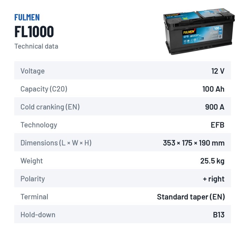 Batterie Start-Stop Fulmen FL1000 12V 100Ah 900A EFB – fiche technique