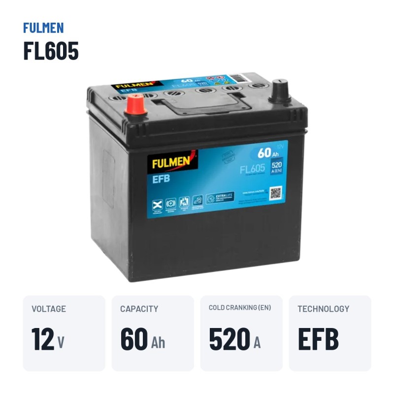 Batterie Start-Stop Fulmen FL605 12V 60Ah 520A EFB – caractéristiques clés