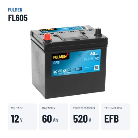 Bateria Start-Stop Fulmen FL605 12V 60Ah 520A EFB – dados principais