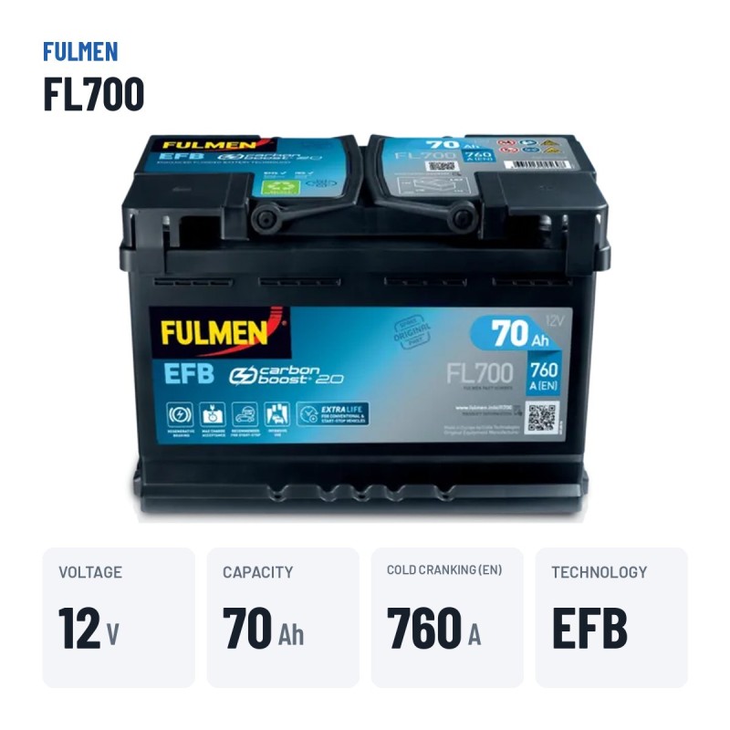 Bateria Start-Stop Fulmen FL700 12V 70Ah 760A EFB – dados principais