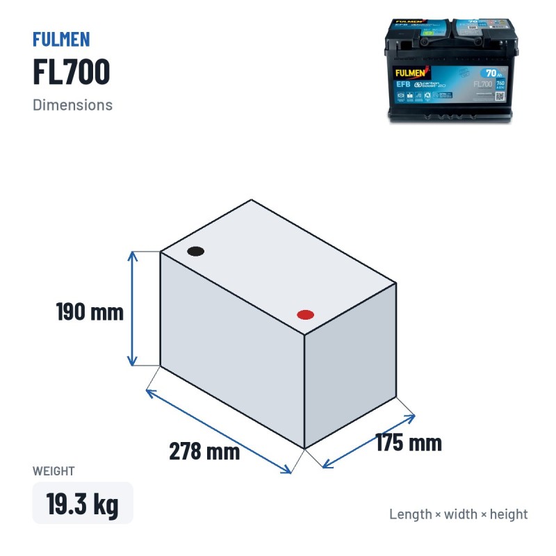 Bateria Start-Stop Fulmen FL700 12V 70Ah 760A EFB – medidas 278 × 175 × 190 mm