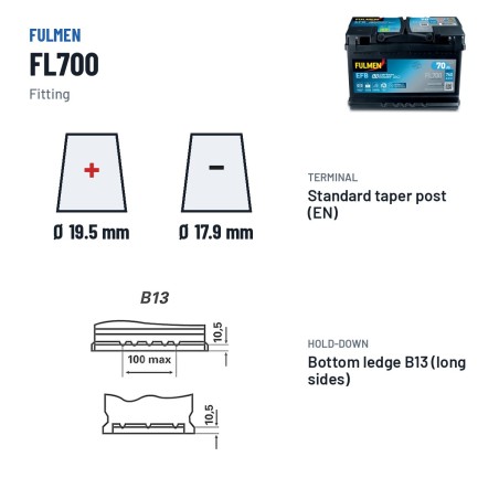 Start-Stop battery Fulmen FL700 12V 70Ah 760A EFB – terminal and hold-down