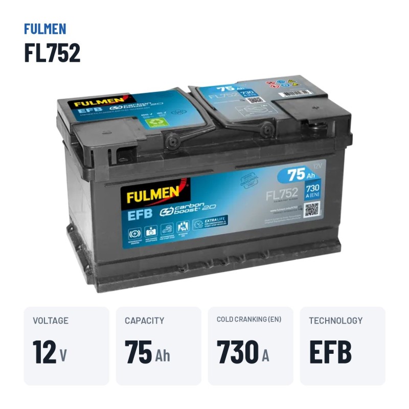 Bateria Start-Stop Fulmen FL752 12V 75Ah 730A EFB – dados principais